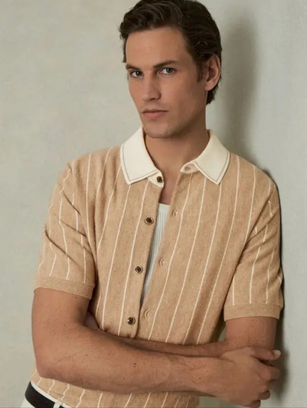 Reiss Wool Striped-Knit Short-Sleeve Shirt in Camel